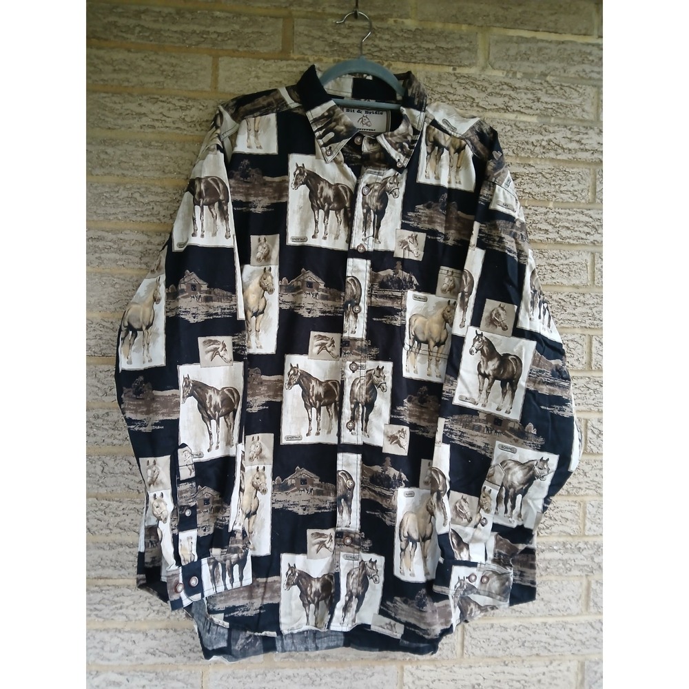 Bit & Bridle Men's Horse Print Button-Down Shirt Sz XLT Western Cowboy